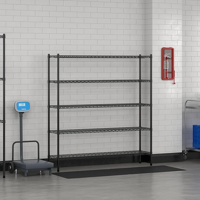 Commercial NSF Listed Black Epoxy Stationary Wire Shelving Kit 14" x 60" x 64", with 5 Shelves Perfect for Warehouse, Walk-in Refrigerator, Freezer, Grocery Store, Restaurant, Dishroom