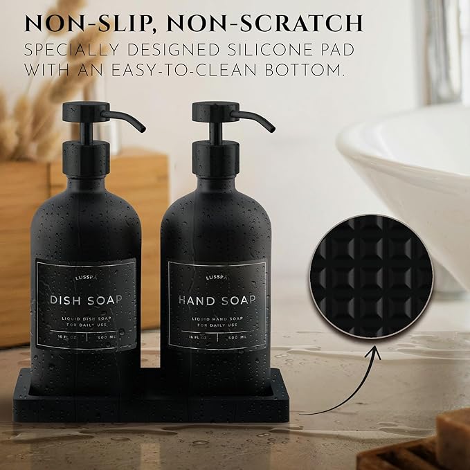 Lotion, Hand & Dish Soap Dispenser for Kitchen & Bathroom | Soap Dispenser Set of 2 16.8 Oz Glass Bottles with Stainless Steel Pump, 15 Water Proof Labels & Silicon Tray (Black)