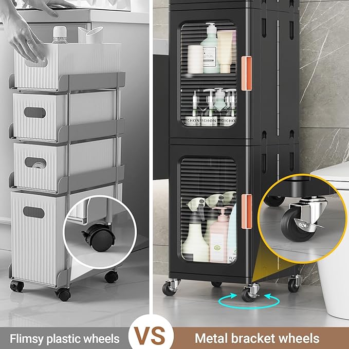 BROVIEW 8-Tier Tall Narrow Storage Cabinet Organizer, Slim Bathroom Cabinets with Adjustable Shelves and Doors, Plastic Kitchen Pantry Organizers and Storages for Small Space, Laundry, Black