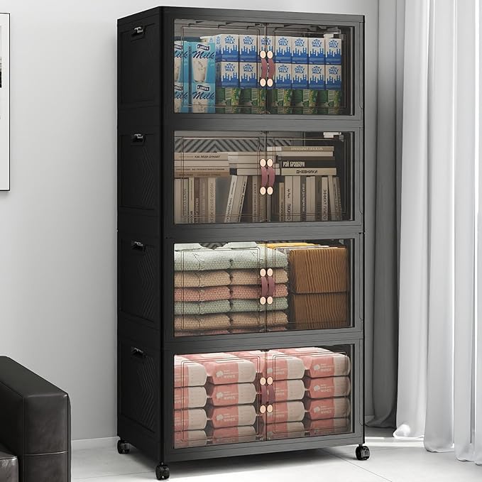 VNVTO 480Qt Stackable Storage Bins with Lids, 4 Pack Large Collapsible Bins with Wheels, Plastic Cabinet with Doors, Foldable Closet Organizers and Storage for Home, Dorm, Office, Black