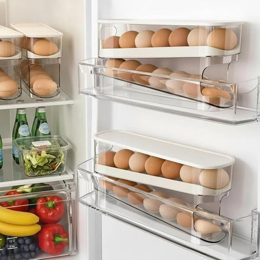 Auto Rolling Egg Dispenser for Refrigerator, Space-Saving Fridge Egg Organizers and Storage with Lid, Egg Tray for Countertop, Kitchen & Outdoor Use