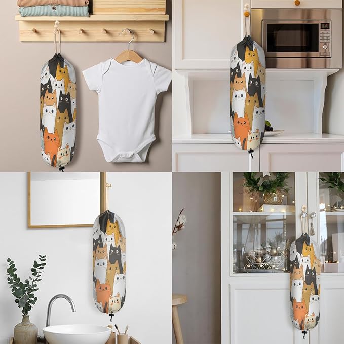 Plastic Bag Holder Cute Cartoon Cats Wall Mount Grocery Bag Holder Wasgable Plastic Bag Dispenser Garbage Bag Organizer for Home Kitchen Decor, Gifts for Women Mom Family Friends,A-1