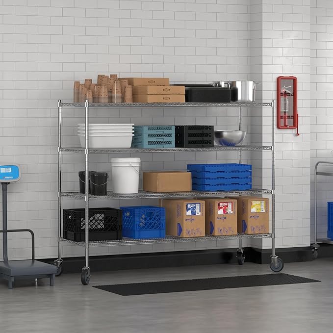 Commercial NSF Listed Chrome Mobile Wire Shelving Kit 24" x 72" x 60", with 4 Shelves Perfect for Warehouse, Walk-in Refrigerator, Freezer, Grocery Store, Restaurant, Dishroom