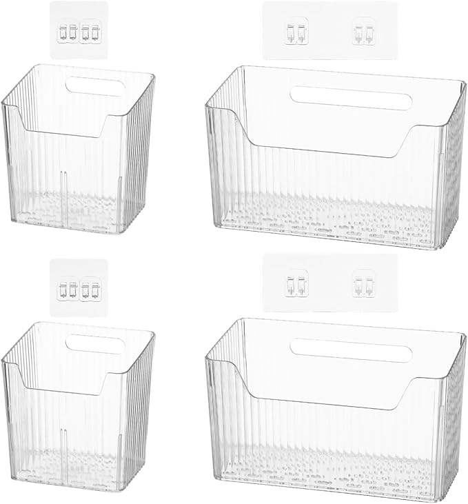 yeesport 4 PCS Cabinet Door Organizer Bins, Clear Plastic Wall Mount Hanging Storage Baskets with Adhesive Hooks, Bathroom Fridge Kitchen Pantry Under Sink Drawer Organizer with Drain Holes