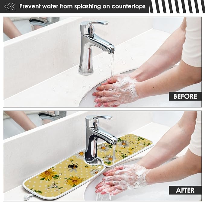 2 PCS Kitchen Sink Splash Guard 14.9 Inch Faucet Mat for Kitchen Sink Bathroom Sink Faucet Absorbing Drip Drain Mat Pad Microfiber Soft Washable Yellow and Green Daisy Bees