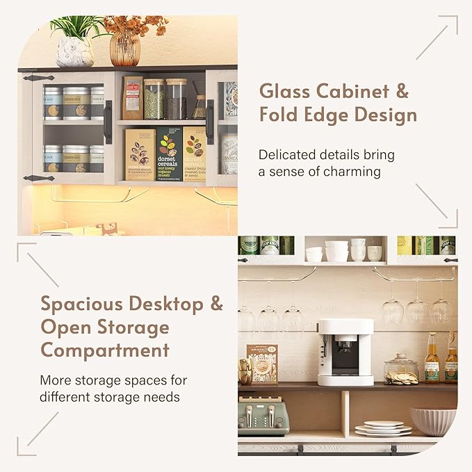 Farmhouse Coffee Bar Cabinet with Sliding Barn Door, 70" Tall Kitchen Hutch China Cabinet w/Wine Rack, Power Outlet & Lighting, Liquor bar Station Food Pantry Storage Cabinet for Home, White