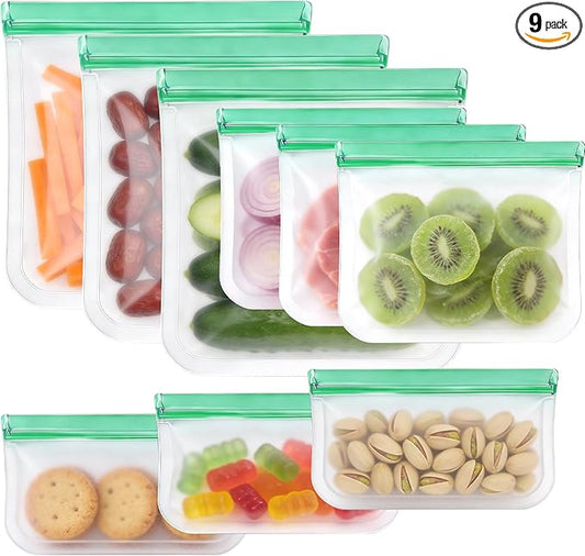 SZTCECDM Reusable Silicone Freezer Storage Bags, 9Pack Multi-Size Food Storage Containers, Leakproof Freezer & Microwave Safe Reusable Snack & Sandwich Bags - 3 Gallon 3 Snack 3 Sandwich Bags