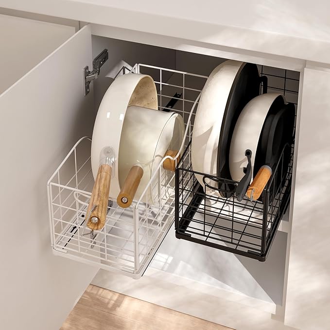 Narrow Cabinet Organizer,Carbon Steel Pull Out Cabinet Organizer,Fixed Heavy Duty Kitchen Cabinet Slide Out Shelves for Storing and Organizing Bathrooms, Kitchens, Bedroom (Black, Deep 16.7")