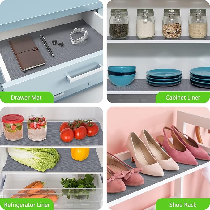 Shelf Liners for Kitchen Cabinets Non Adhesive Drawer Liner for Bathroom Waterproof Refrigerator Liners for Shelves Fridge Plastic Mats Cabinet Cupboard Liner Gray 2 Rolls 17.5 x 236.2 Inches