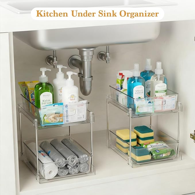 2 Pack Under Sink Organizer, 2 Tier Clear Bathroom Organizers and Storage, Pull-Out Medicine Cabinet Organizer, Multi-Purpose Cabinet Organizer with Track for Bathroom, Kitchen, Pantry, Vanity Storage