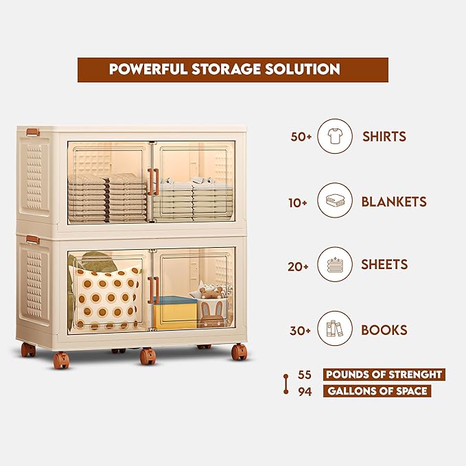 FINCHESCLUB 376QT Large Stackable Storage Bins with Lids, 94Gal Foldable Storage Bins with Doors and Wheels, Collapsible Closet Organizers for Home Office, Christmas Gifts - 2 Pack - Off White