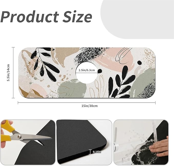 Kitchen Sink Splash Guard，Abstract shapes leaves Faucet Mat Sink Gadgets-Super Absorbent Fast Drying Mat Drip Catcher for Kitchen, Bathroom,Sink Mat, Dish Drying Mat, Bathroom(15" X 5.5" )