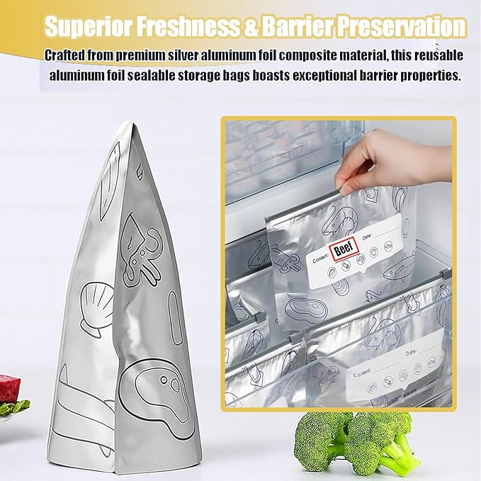 SNMIEDO Reusable Aluminum Foil Sealable Storage Bags - Freezer Ziplock Bags - Foil Sealable Bags for Food, Vegetables, Fruit, Meat, Snacks, Bread, Seafood Preservation