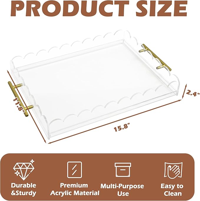 Scalloped Acrylic Tray with Metal Handles,16" x 12" Clear Acrylic Display Tray with Pull-Out Drawer for Photos, Art Prints, Postcards, Decorative Organizer Trays for Vanity,Home,Office