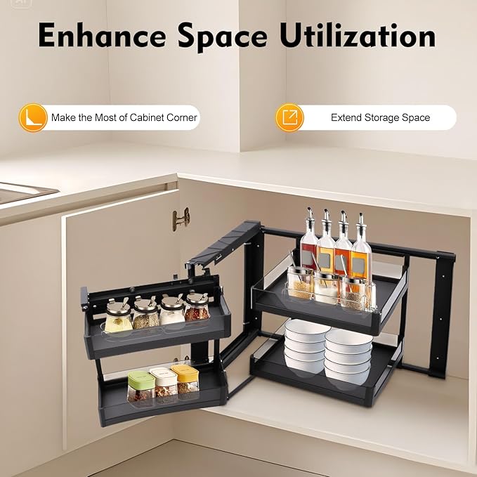 Blind Corner Cabinet 2 Tiers Pull Out Corner Cabinet with 4 Detachable Shelves Left or Right Pull Out Organizer for 14 Inch Opening