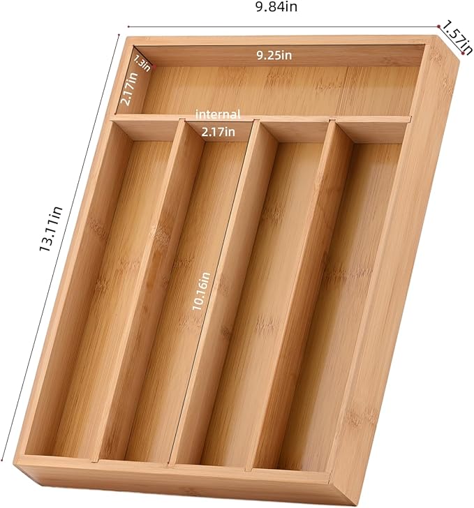 Wooden Silverware Organizer for Drawer, Bamboo Utensil Drawer Organizers, Kitchen Utensil Organizer Tray with 5 Storage Compartments, Flatware Organizers for Cutlery Flatware 13.1 x 9.8 x 1.5"