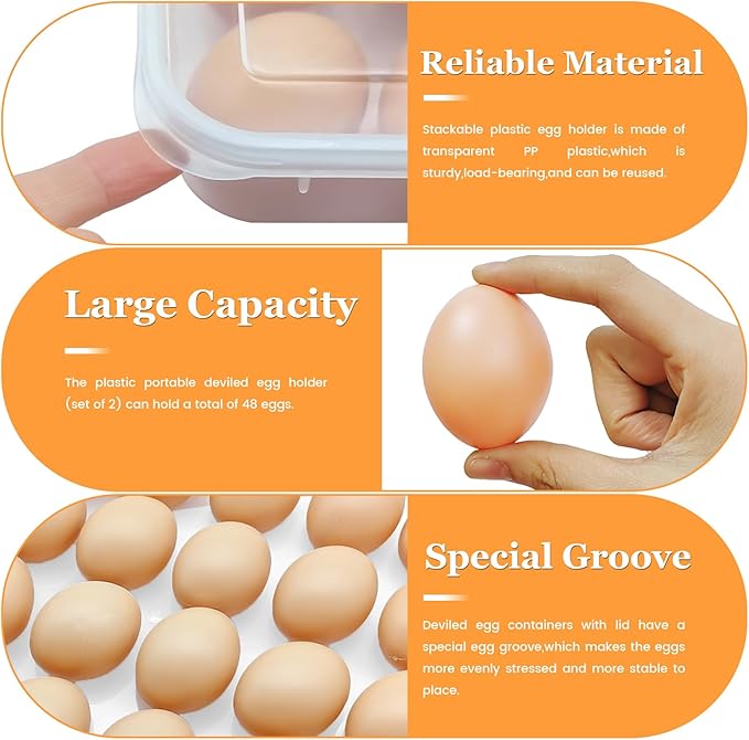 Cmaqpw 2 Pack Deviled Egg Containers with Lid,Stackable Plastic Egg Holder for 48 Eggs,Clear Egg Storage Carrier for Fridge,Easter,Thanksgiving Party Kitchen Supplies