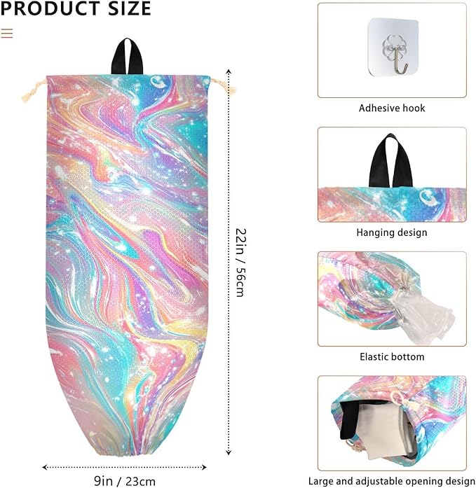 Plastic Bag Holder Wall Mount Grocery Bag Shopping Bag Storage Holder Organizer Dispenser with Adhesive Hook,for Kitchen Bathroom Home Decor 9x22 Inches Pink Liquid Gradient33