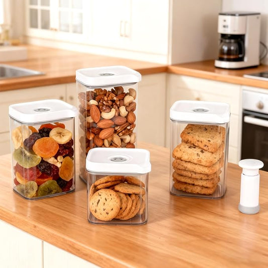 Airtight Food Storage Container Sets with Manual Pump, Kitchen Pantry, Extend Food Freshness, Dishwasher, Freezer and Microwave Safe (4 Pack)