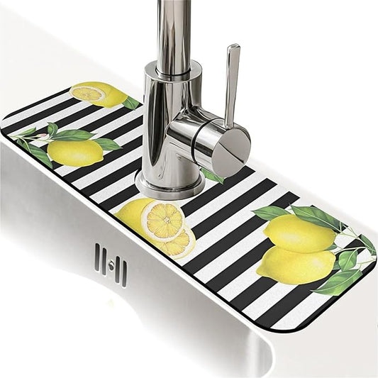 Kitchen Sink Splash Guard，Lemon-and stripes Faucet Mat Sink Gadgets-Super Absorbent Fast Drying Mat Drip Catcher for Kitchen, Bathroom,Sink Mat, Dish Drying Mat, Bathroom(15" X 5.5" )