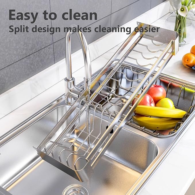 Wall Mounted Kitchen Dish Organizer Rack, 2 Tier Hanging Dish Drying Rack Over Sink, Adjustable Height Bowl Holder, Stainless Steel Storage Shelf for Kitchen Counter (60x30x50 cm / 23.6x11.8x19.7 in)