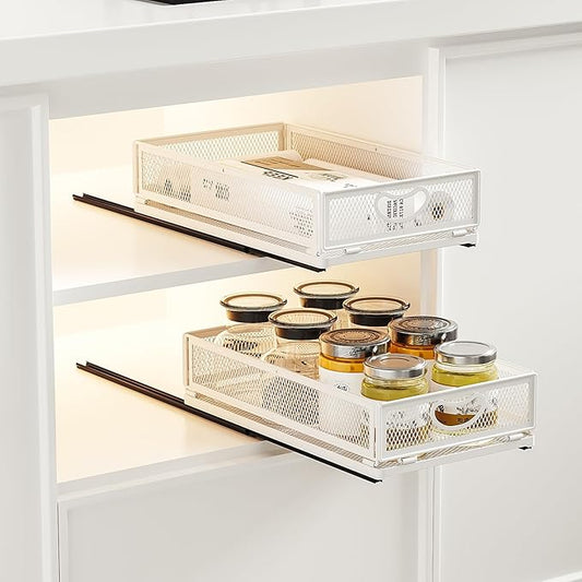 2 Pack Pull Out Cabinet Drawer,Metal Mesh Slide Out Shelves Organizer,Frameless Cabinets Suitable,Simple Housewares Pull Out Cabinet Sliding Basket (15.7" D*9.6" W*3.9" H)