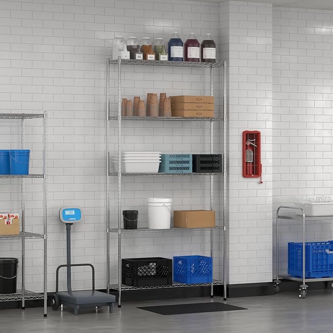Commercial NSF Listed Chrome Stationary Wire Shelving Kit 12" x 48" x 96", with 5 Shelves Perfect for Warehouse, Walk-in Refrigerator, Freezer, Grocery Store, Restaurant, Dishroom