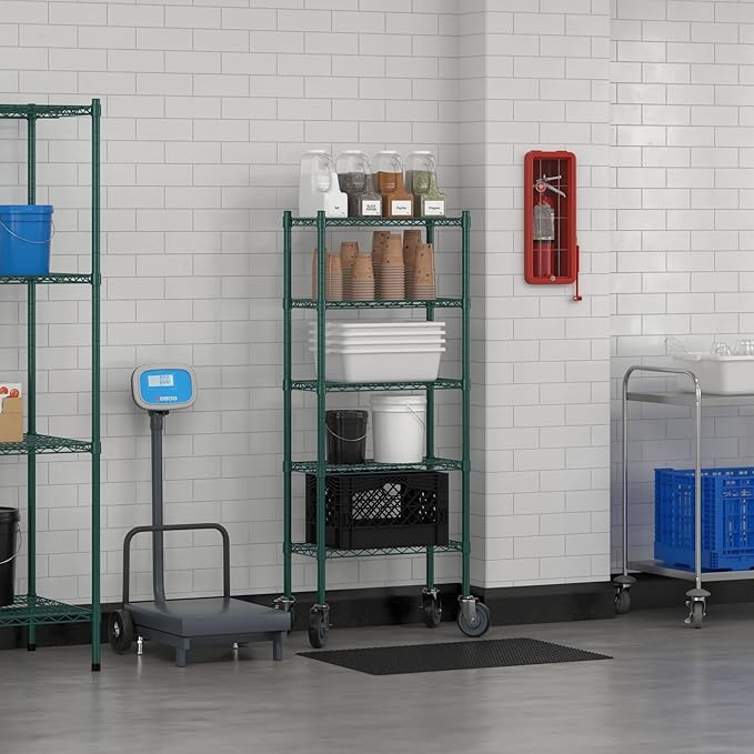 Commercial NSF Listed Green Epoxy Mobile Wire Shelving Kit 12" x 24" x 60", with 5 Shelves Perfect for Warehouse, Walk-in Refrigerator, Freezer, Grocery Store, Restaurant, Dishroom