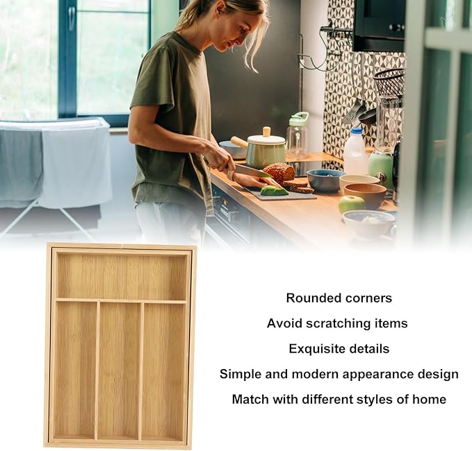 Kitchen Silverware Organizer Expandable for Cutlery and Utensils, Adjustable Wood Utensil Storage Cutlery Tray for Drawers, Kitchen Drawer Organizer Utensil Holder Makeup Organizer with(6 Slots)