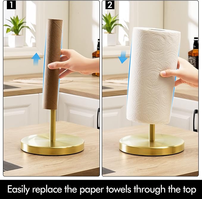 KES Kitchen Paper Roll Holder Standing Paper Towel Holder with Weighted Base for Standard or Mega Rolls SUS304 Stainless Steel Brushed Gold, KPH202-BZ