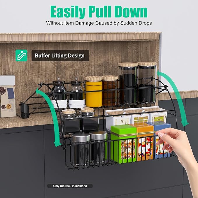 3-Tier Pull Down Spice Rack Organizer, Black Kitchen Shelf for Inside Cabinet, Countertop Storage Rack Space-Saving Organizer for Home Cooks