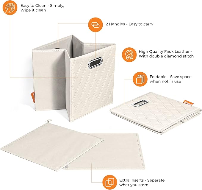 FH Group JIAessentials 13" Faux Leather Foldable Storage Cube Bins Set of 2 – Beige Diamond Patterned Organizers with Handles for Closet & Shelves