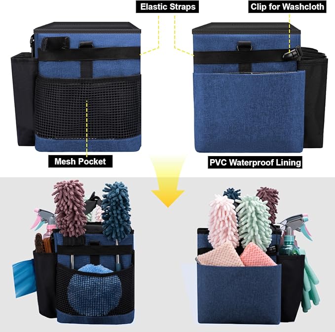 Wigojoy Wearable Large Cleaning Caddy Bag for Housekeeper, Clean Supply Organizer with Adjustable Shoulder, Waist & Handle Straps, Detailing Bag for Kitchen Supplies (Blue)