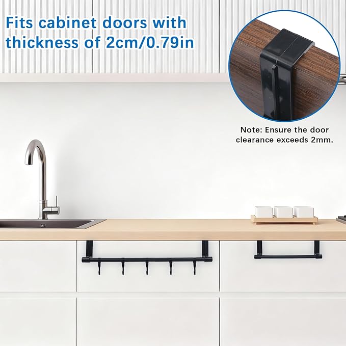 2Pcs Towel Holder, Over Cabinet Door Towel Rack with Hooks, Multi-Purpose Kitchen Towels Rack and Hanger Organizer for Sink Bathroom Pantry Door (Black)