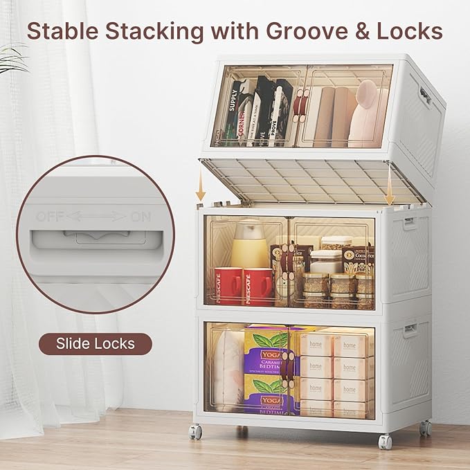VNVTO Stackable Storage Bins with Lids, Large Collapsible Storage Bins with Wheels, Plastic Cabinet with Doors, Foldable Closet Organizers for Home, Dorm, Office (White-55QT, 3Pack with 1Top Lid)