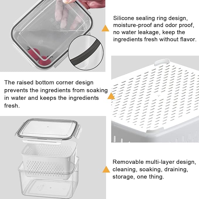 Ronanemon 3Pack Fridge Food Storage Container Set with Lids with Strainer, Fruit Vegetable Storage Containers Keep Fruits, Vegetables, Berry, Meat Fresh longer, BPA-Free Plastic Produce Keepers