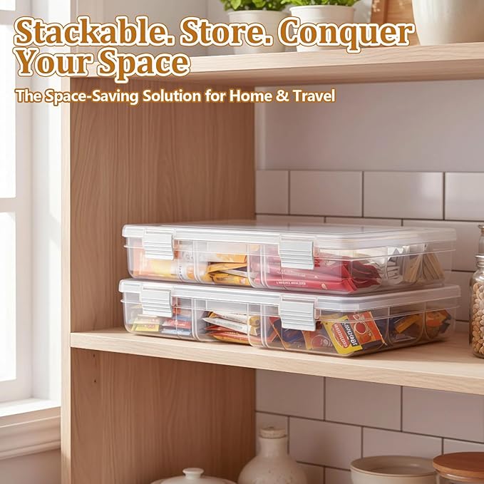 Drink Packet Organizer – Stackable Clear Acrylic Water Flavor Packet Organization with Removable Dividers & Secure Lid for Kitchen, Countertop