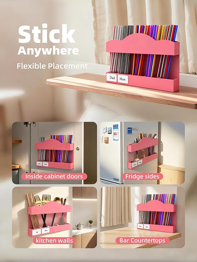 9.8" Acrylic Straw Holder for Cabinet Door - Straw Organizer with Ultra-Sticky Adhesive, Kitchen & RV Essensials, 5-Compartment Storage for Reusable Straws & Brushes, Colored Pencils, Markers