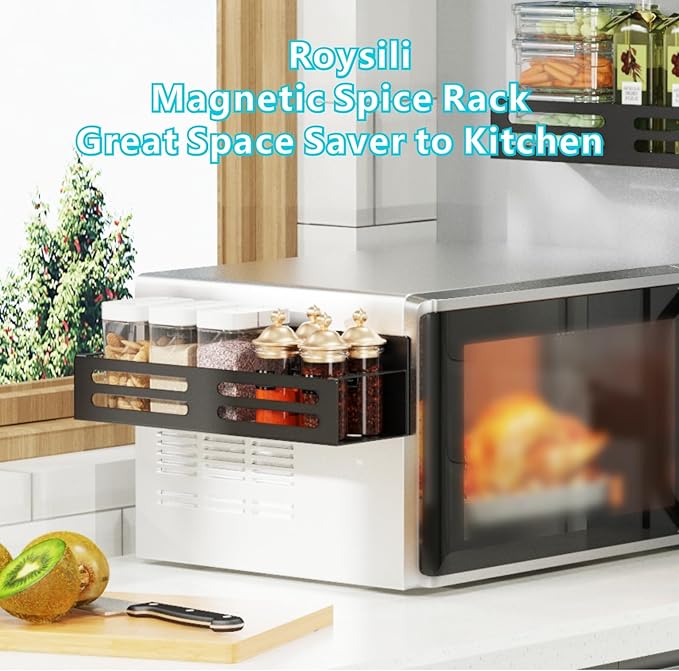 Roysili Magnetic Spice Rack for Refrigerator Magnetic Fridge Shelf for Kitchen Magnetic Shelves for Fridge 4 Pack Black
