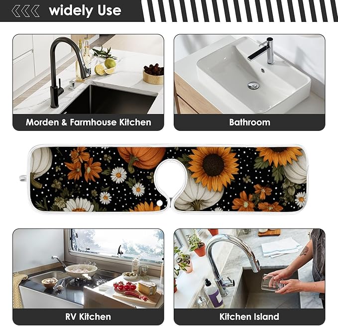 2 PCS Kitchen Sink Splash Guard 30 Inch Faucet Mat for Kitchen Sink Bathroom Sink Faucet Absorbing Drip Drain Mat Pad Microfiber Soft Washable Black Autumn Pumpkins Flowers Maples
