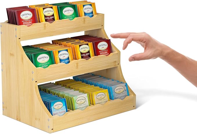 Bamboo Tea Bag Organizer, 3-Tier Tea Bag Holder Stores Over 240 Tea Bags, Tea Station for Coffee Capsules, Creamer, Sweetener, Sugar - Removable Divider (Self-assembly)