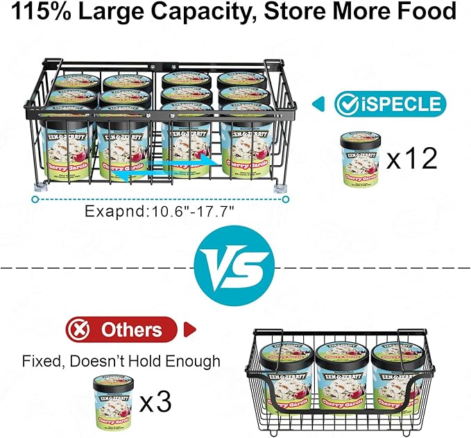 iSPECLE Freezer Organizer Bins - Fit 10 to 20 Cu.FT Chest Freezer, 4 Pack Expandable Stackable Large Deep Freezer Organizer Bins Sort Food, Easily Get Food from Bottom Better Ventilation, Black