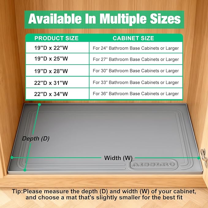 Aisslro Under Sink Mat 28" X 19", Waterproof Silicone Under Sink Mats for Kitchen, Anti-Leak Shelf Liner & Cabinet Protector with Raised Edge, [BPA Free] Bathroom Tray Home Organizer, Grey