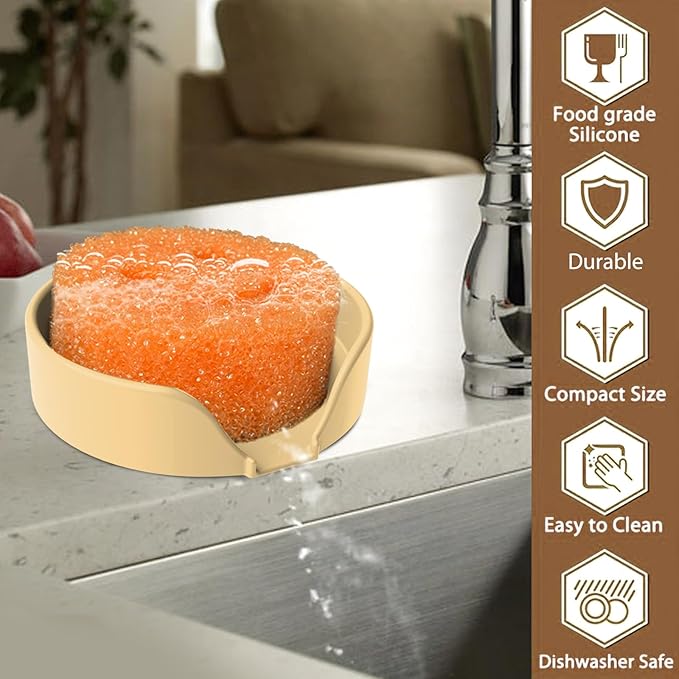 Sponge Holder for Scrub Daddy with Suction Cups and Drain Spout Kitchen Sink Caddy Organizer, Soap Dishes Holder Accessories Rack, Dishwasher Safe - 4.7"x4.7", Sand Color