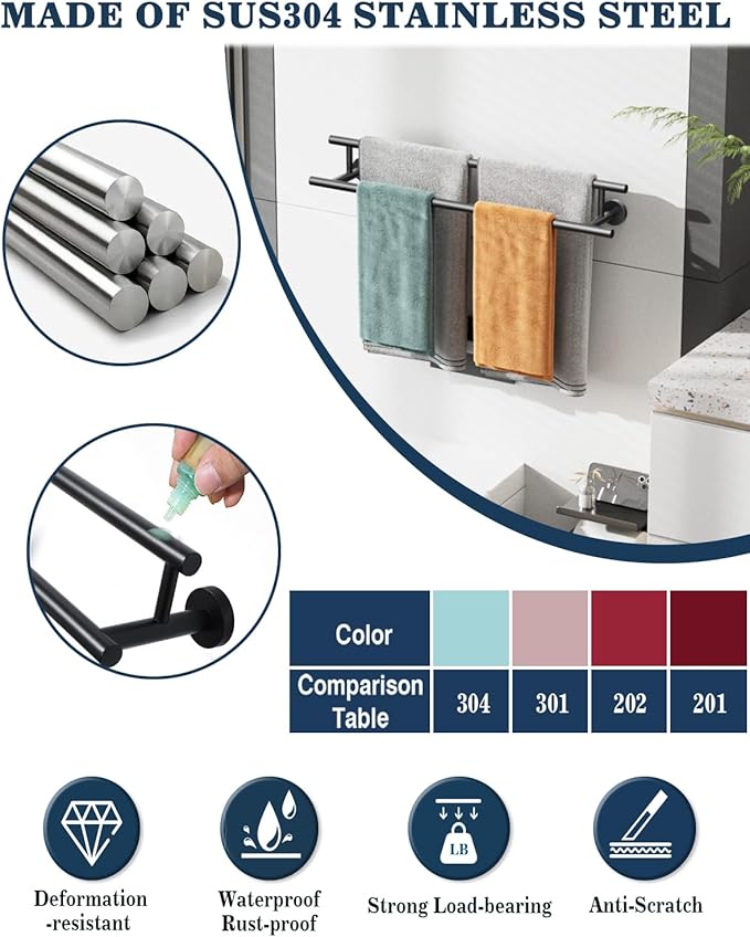 Alise Black Double Towel Bar,24-Inch Towel Rack for Bathroom Wall Mounted,SUS304 Stainless Steel Bathroom Towel Holder,Space-Saving Hand Towel Holder,Towel Rail Hanger for Wall, Kitchen