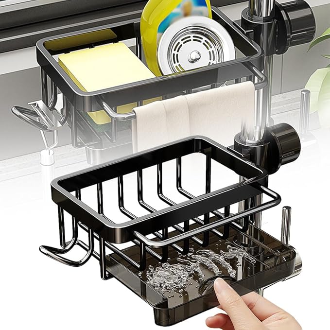 Eadwe Sink organizer rack for kitchen and bathroom, Kitchen Sink Faucet Organizer with Drip Tray Faucet Sponge Holder (Black, Left)