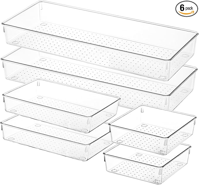Voova 6 Pack Plastic Drawer Organizers Set,3-Size Kitchen and Office Desk Drawer Organizer Trays, Acrylic Non Slip Storage Bin Divider for Makeup,Jewelry,Gadgets Utensils,Bedroom,Bathroom Vanity,Clear