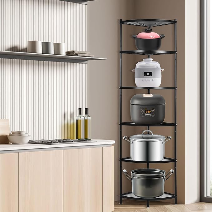 6-Tier Kitchen Corner Shelf Triangular Corner Pot Rack Storage Shelf Multi-tier,Carbon Steel Cookware Stand Home Storage Organizer Holder for Pans Pots and Kettles