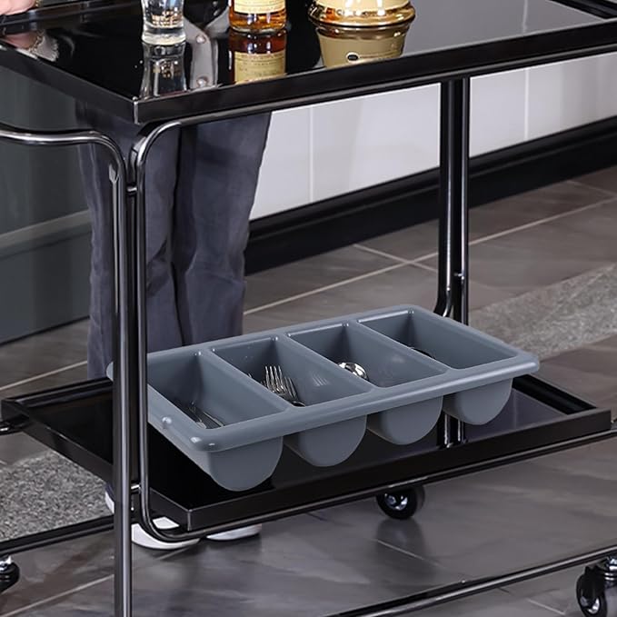 4 Pack Plastic 4-Compartment Commercial Cutlery Bin, Plastic Restaurant Silverware Holder Tray, Grey
