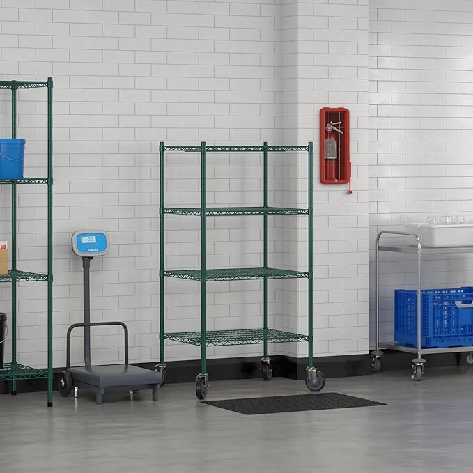 Commercial NSF Listed Green Epoxy Mobile Wire Shelving Kit 24" x 30" x 60", with 4 Shelves Perfect for Warehouse, Walk-in Refrigerator, Freezer, Grocery Store, Restaurant, Dishroom